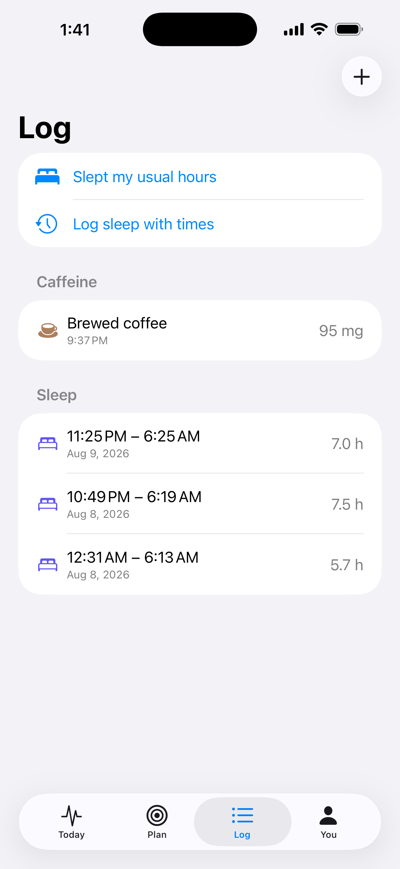 The Log screen, listing caffeine and sleep entries